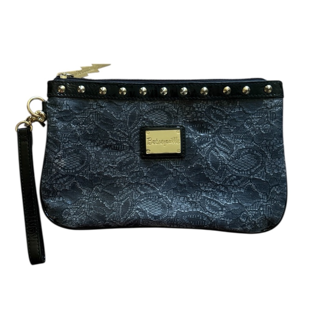 Betsey Johnson Black Floral Lace Pattern Patent Detail Studded Wristlet Clutch